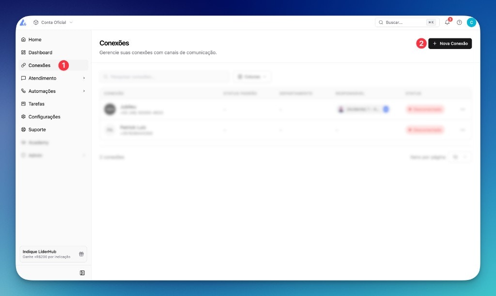 Barra lateral da LíderHub com Conexões destacado