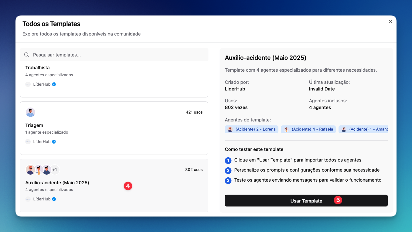 Seleção de template de agente na LíderHub