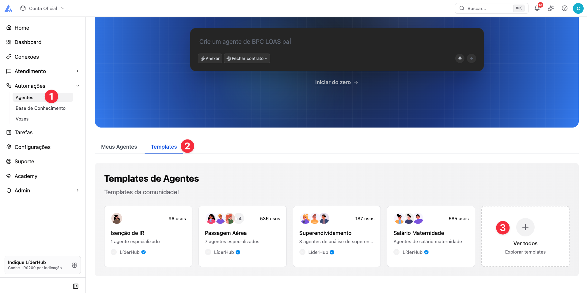 Página de templates de agentes na LíderHub