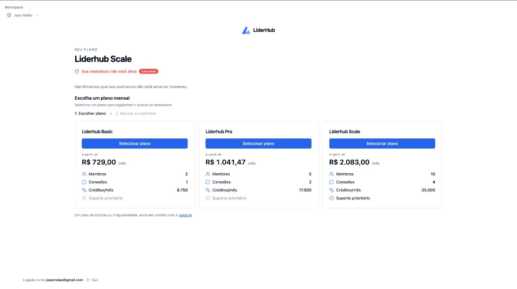 Tela para administrador: assinatura não ativa com opção de escolher um plano mensal para regularizar o acesso
