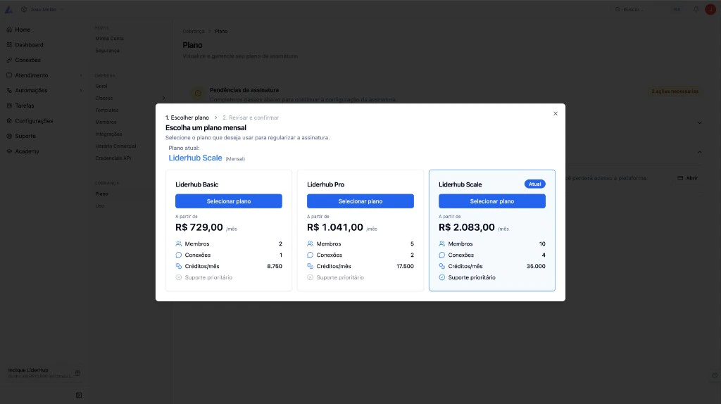 Modal para escolher plano mensal: Liderhub Basic, Liderhub Pro e Liderhub Scale com seus respectivos preços e limites