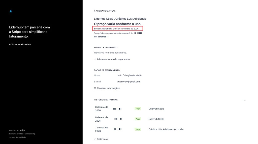 Portal de gerenciamento com a data de término do serviço atual destacada e histórico de faturas pagas