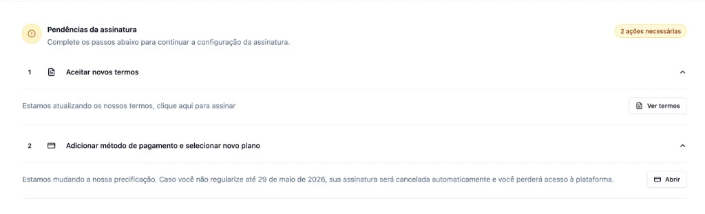 Pendências expandidas: Aceitar novos termos com botão Ver termos, e mensagem sobre mudança de precificação com botão Abrir