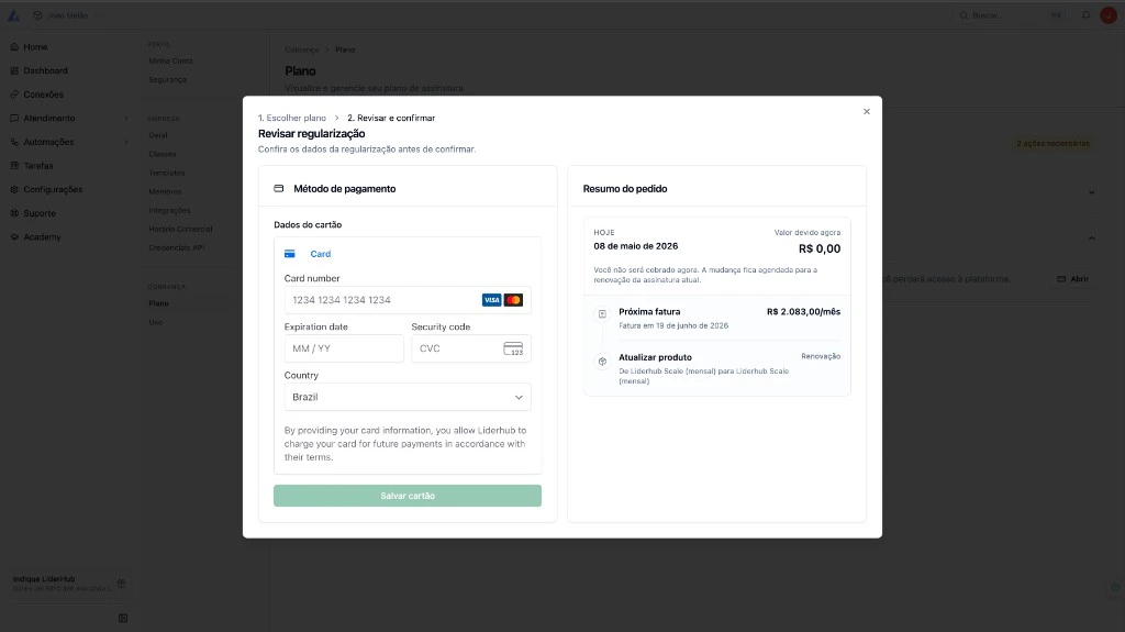 Modal 'Revisar regularização': campo de dados do cartão e resumo do pedido com renovação agendada para a data de término da assinatura atual