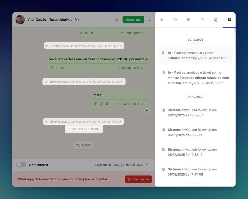 Logs e histórico da conversa na LíderHub