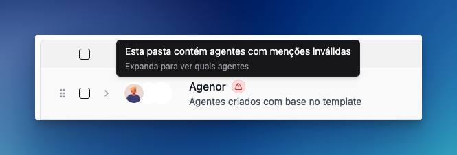 Alerta de menções inválidas na lista de agentes