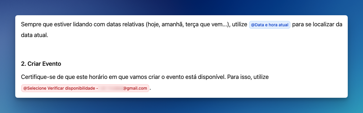 Menções inválidas no prompt do agente