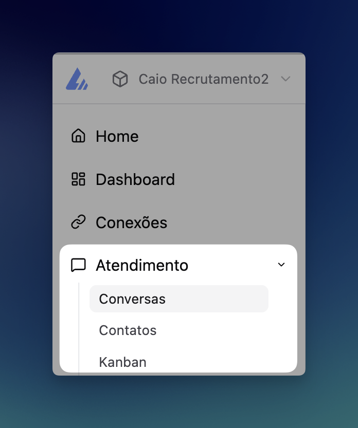Menu de visualização — Conversas, Contatos e Kanban