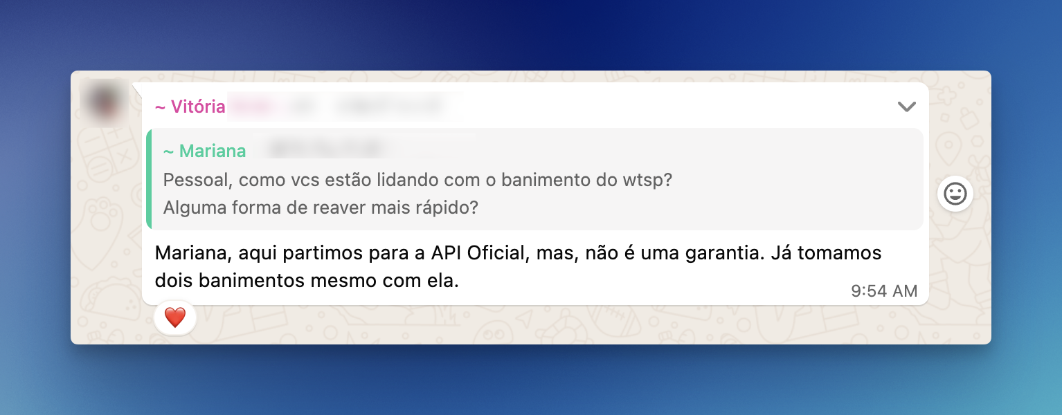 Feedback de cliente sobre banimento com API Oficial via coexistência