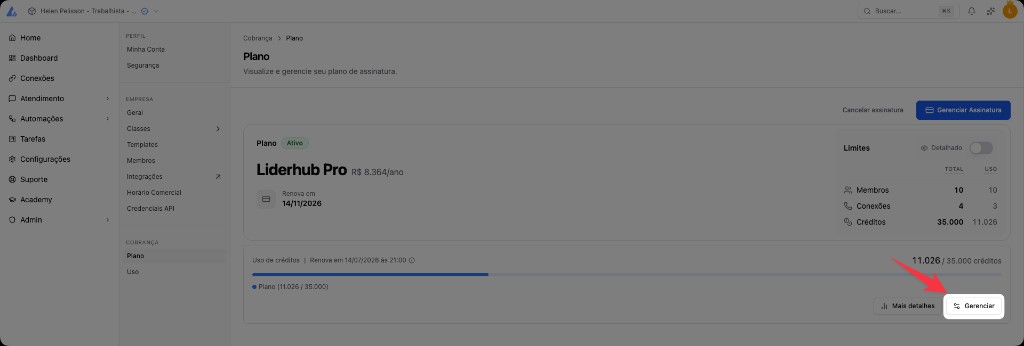 Tela de Configurações no plano com botão para gerenciar assinatura e limites