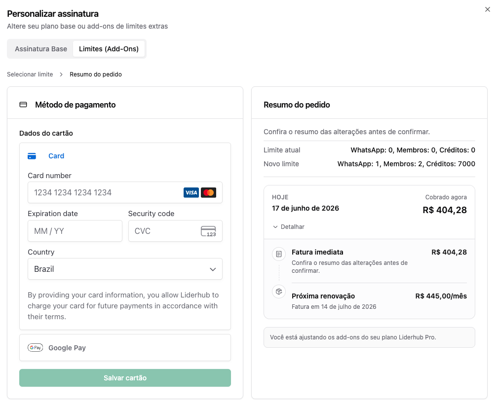 Resumo do pedido de add-ons com cobrança imediata e próxima renovação