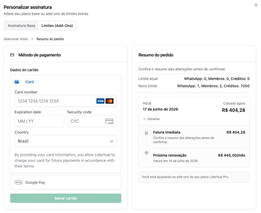 Resumo do pedido de add-ons com cobrança imediata e próxima renovação