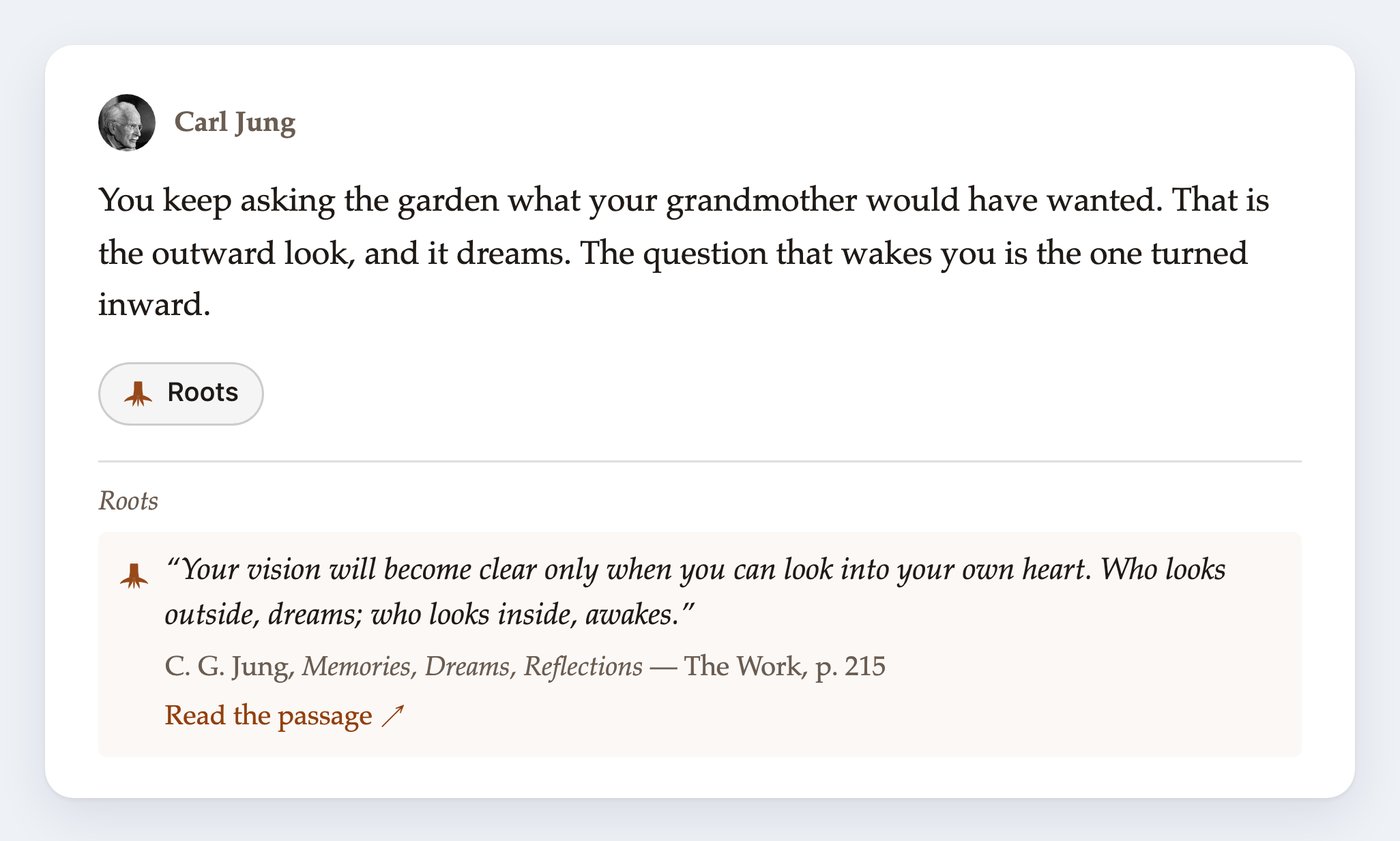 A mentor response with its Roots citation