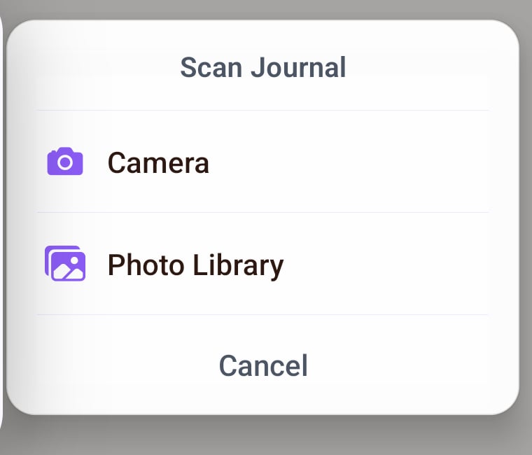 The Scan Journal sheet: Camera or Photo Library