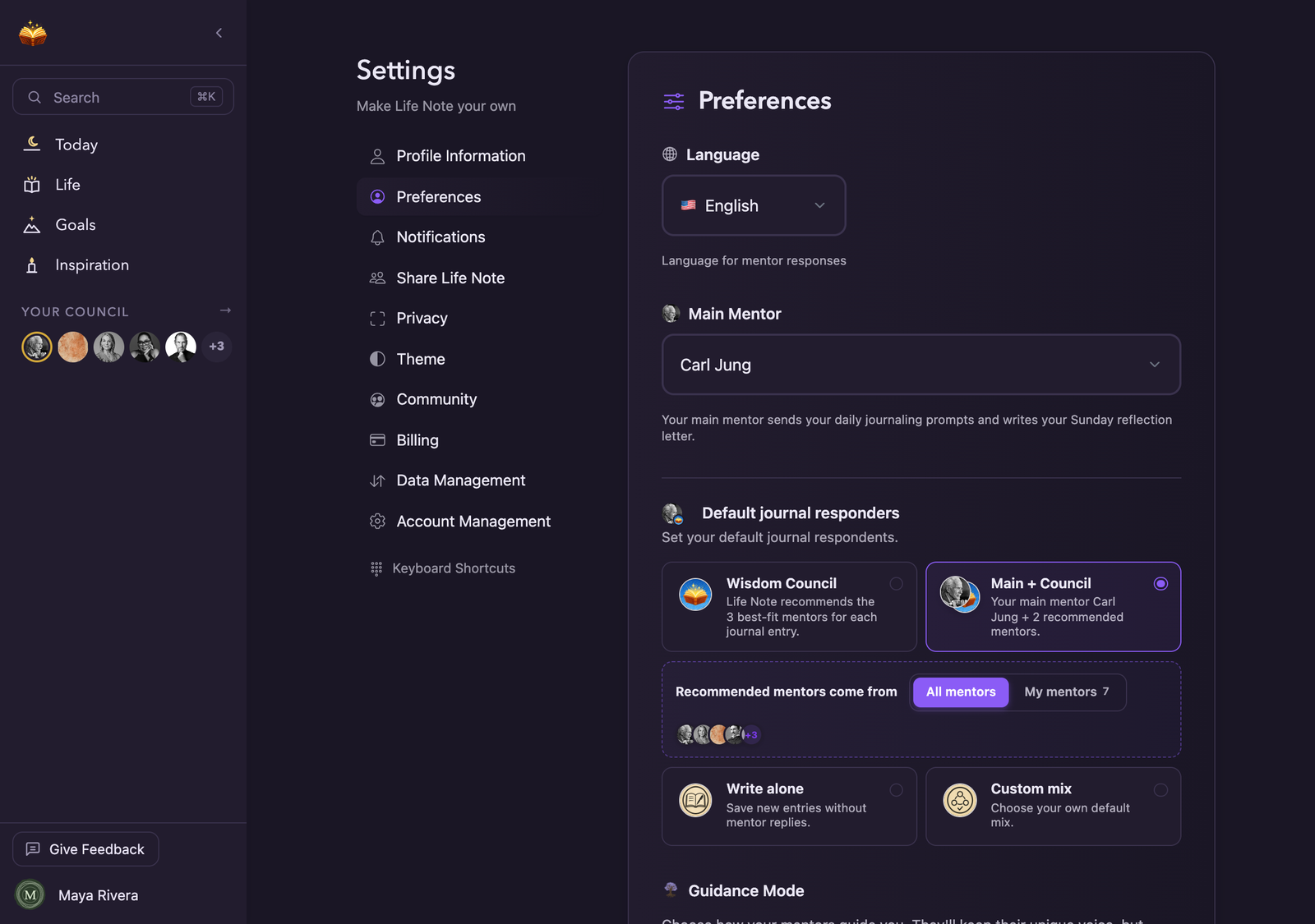 Life Note Settings on the web, with Preferences open