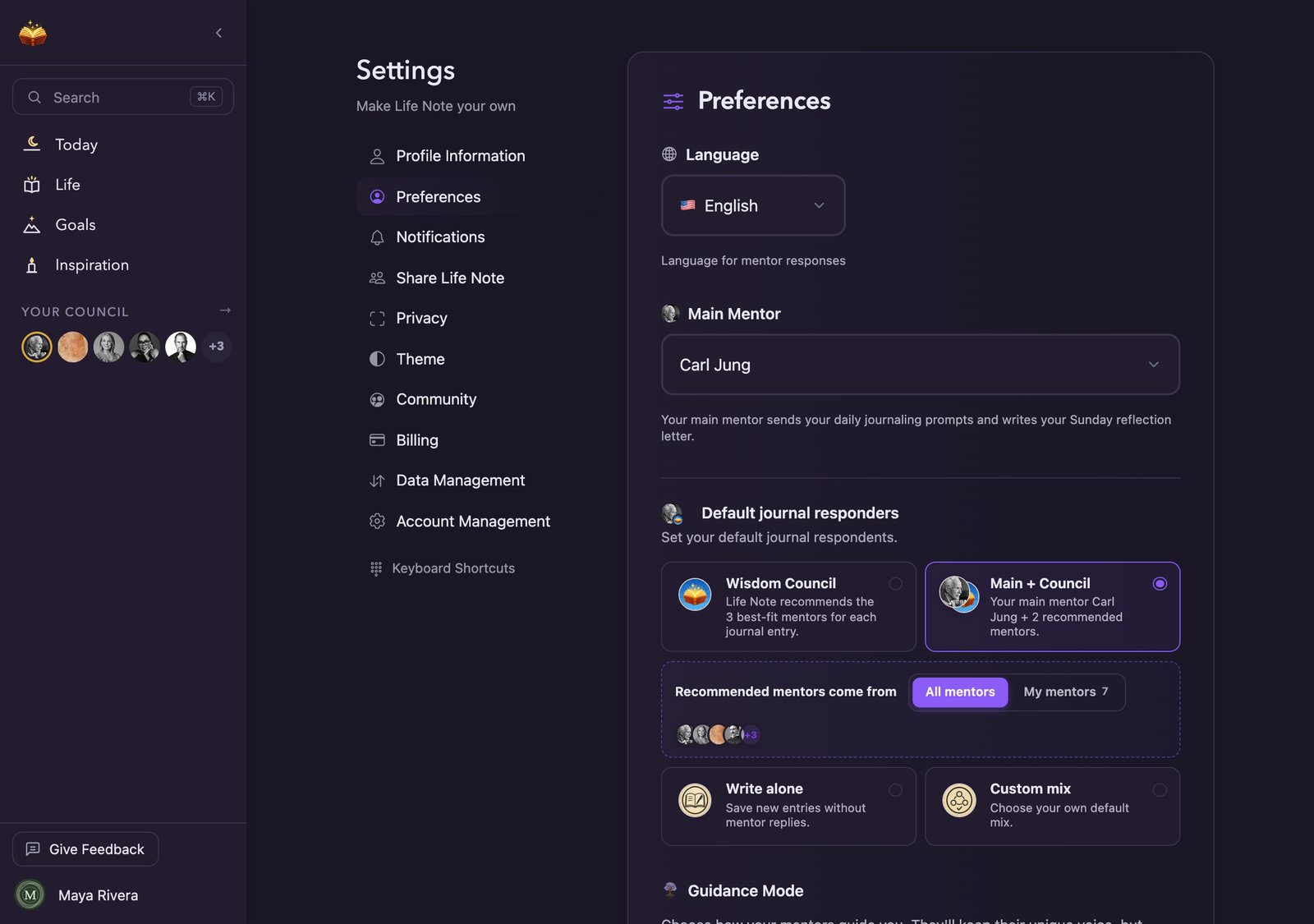 Life Note Settings on the web, with Preferences open
