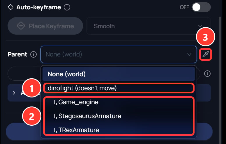 The Parent list in the camera properties, open. It lists None (world), then dinofight (doesn't move), then three indented parts: Game_engine, StegosaurusArmature and TRexArmature. An eyedropper button sits beside the list.
