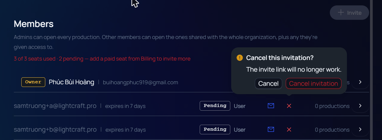 A small box over the Members list that asks Cancel this invitation? The invite link will no longer work. It has the buttons Cancel and Cancel invitation.
