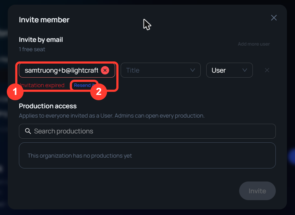 The Invite member window. Under the email box it reads Invitation expired, with a Resend it link beside it.