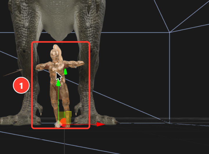 An imported object in the 3D canvas. The pointer rests on a knight standing between the legs of a dinosaur, and the knight is filled light orange.