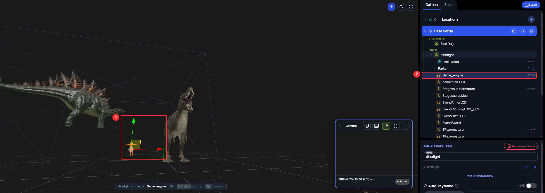 The 3D scene after moving the knight with the gizmo in Move mode. The knight stands to the left of the dinosaur with the transform gizmo on it, and the Game_engine row under Parts is marked moved.