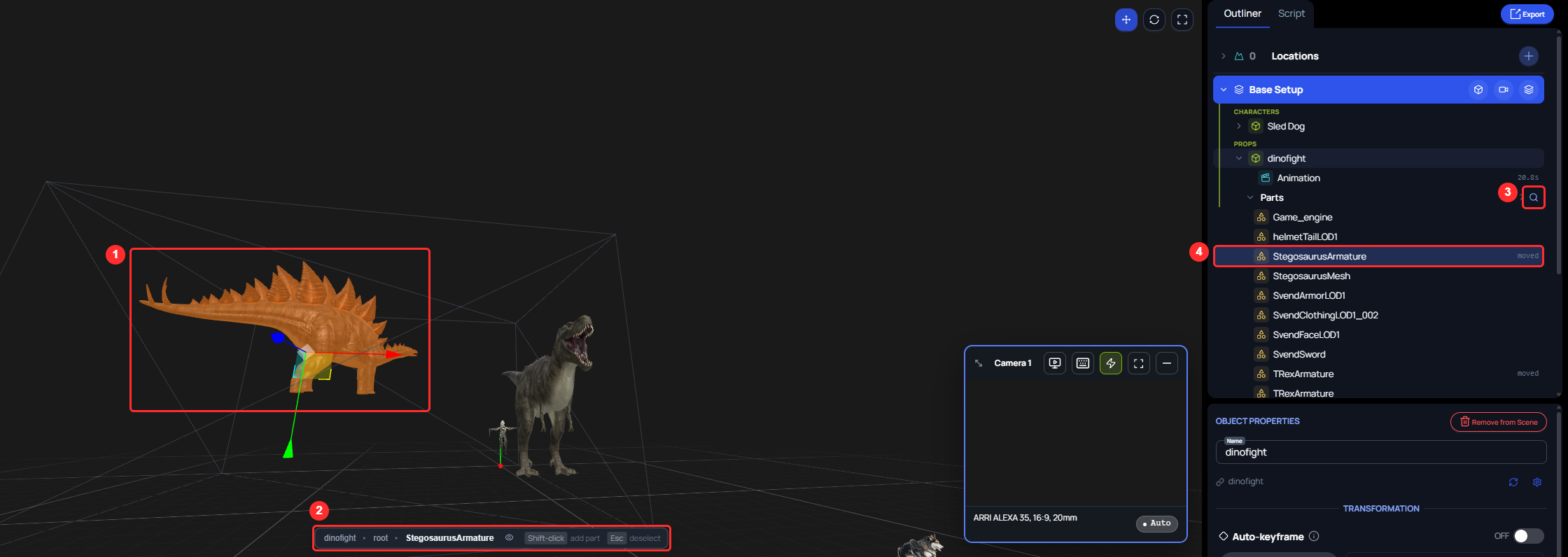The 3D scene with one dinosaur of an imported object selected and filled orange. A path at the bottom of the canvas names the object and the part. The Outliner shows the part's row under Parts, highlighted.
