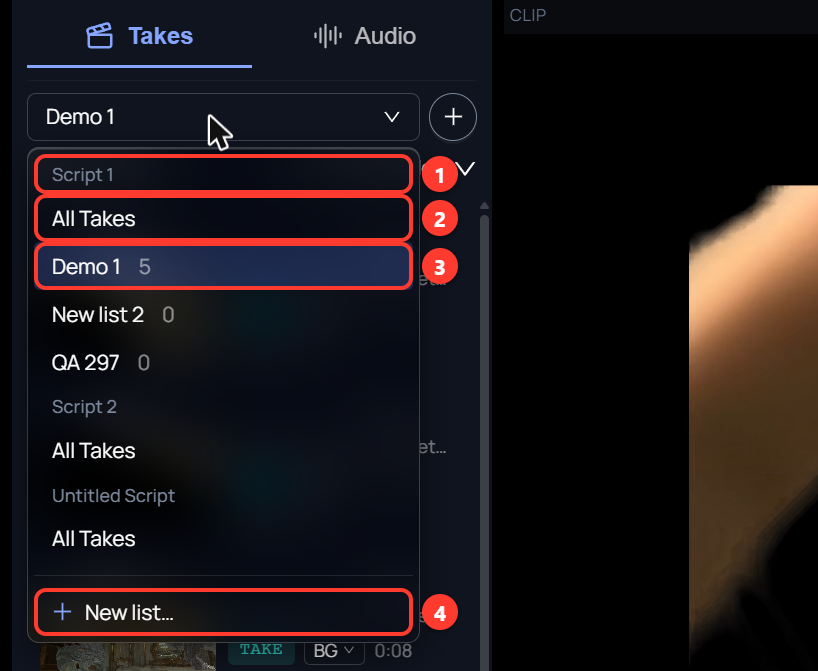 The Takes tab of the Editor with the picker menu open. It shows a script name, All Takes, three lists with their counts, and New list.