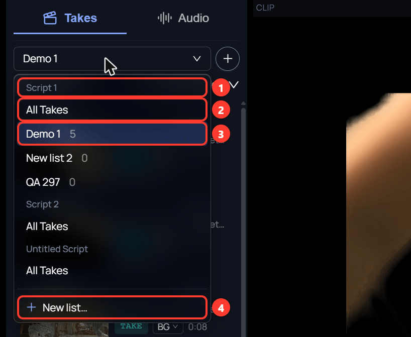 The Takes tab of the Editor with the picker menu open. It shows a script name, All Takes, three lists with their counts, and New list.