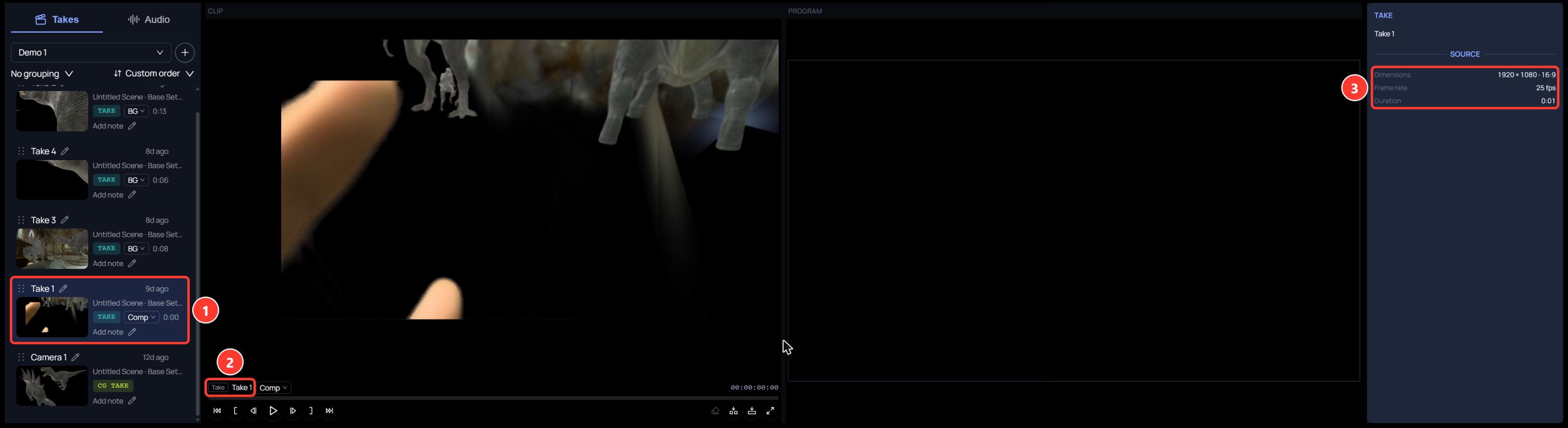 The Editor with a take row highlighted in the left column, the take showing in the clip viewer, and its source values in the Inspector.