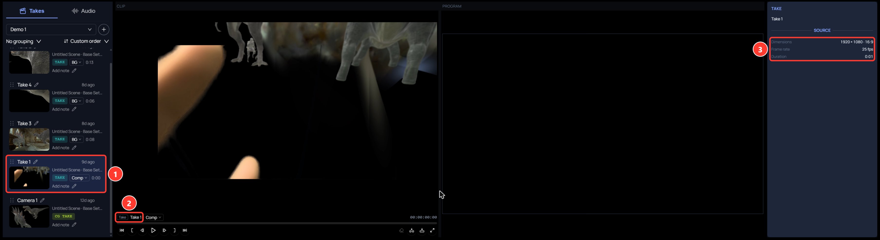 The Editor with a take row highlighted in the left column, the take showing in the clip viewer, and its source values in the Inspector.