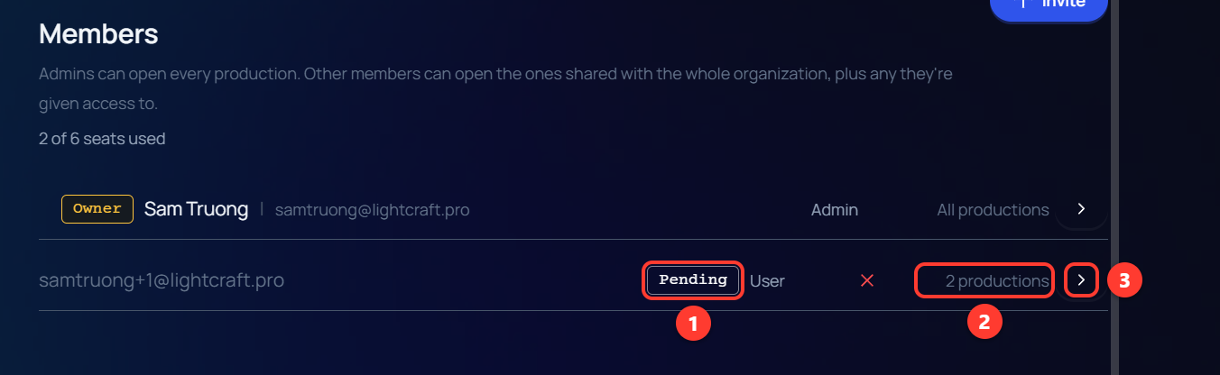 The Members list with a pending invitation row showing a Pending tag, a production count, and an arrow button.