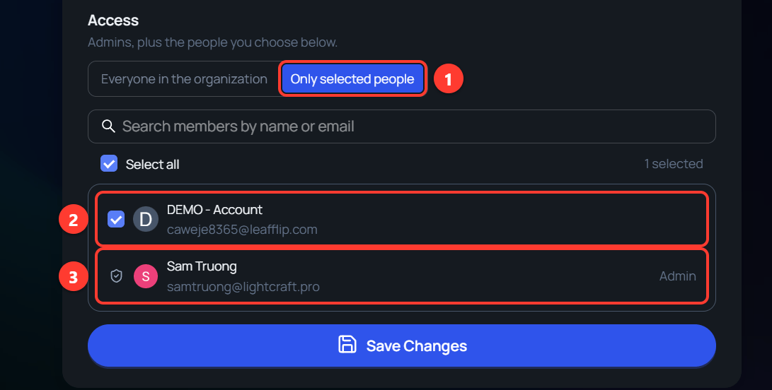 The Access section of Production Settings with Only selected people chosen. One member is ticked and an admin row is locked.