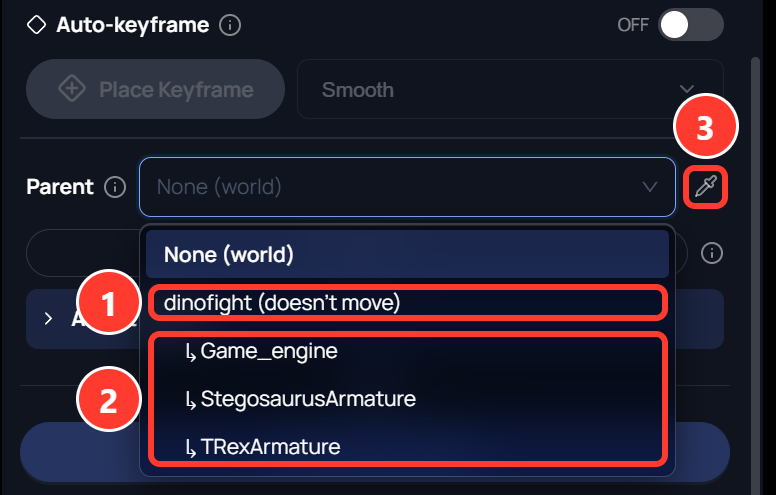 The Parent list in the camera properties, open. It lists None (world), then dinofight (doesn't move), then three indented parts: Game_engine, StegosaurusArmature and TRexArmature. An eyedropper button sits beside the list.
