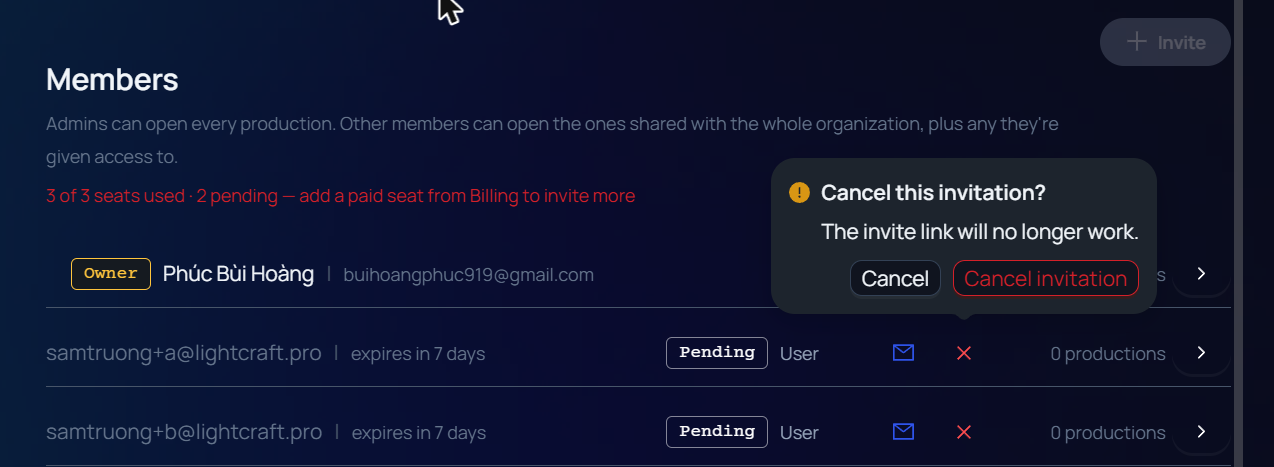 A small box over the Members list that asks Cancel this invitation? The invite link will no longer work. It has the buttons Cancel and Cancel invitation.