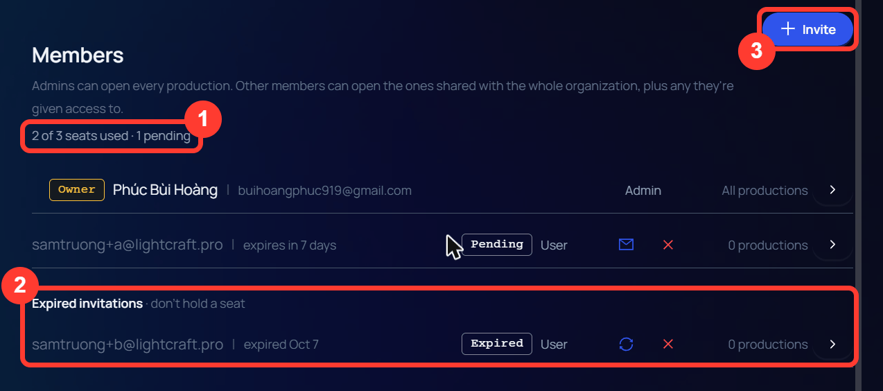 The Members list with a group named Expired invitations, don't hold a seat. One row in it has the tag Expired and reads expired Oct 7. The seat line reads 2 of 3 seats used, 1 pending, and the Invite button is enabled.