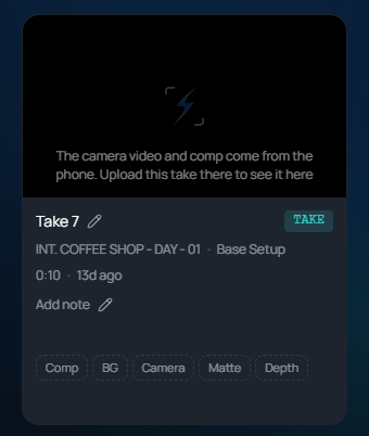 A take card in the Gallery with no picture. It reads The camera video and comp come from the phone. Upload this take there to see it here. All five layer chips are dashed.