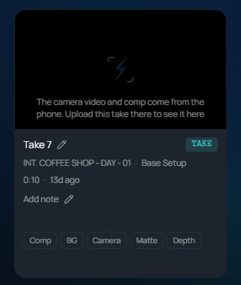 A take card in the Gallery with no picture. It reads The camera video and comp come from the phone. Upload this take there to see it here. All five layer chips are dashed.