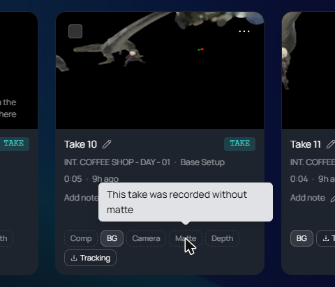 A take card in the Gallery. The BG chip is solid. The Comp, Camera, Matte, and Depth chips are dashed. The pointer is on Matte, and a tooltip reads This take was recorded without matte. A Tracking download chip is under the layer chips.