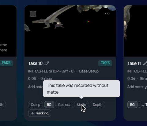 A take card in the Gallery. The BG chip is solid. The Comp, Camera, Matte, and Depth chips are dashed. The pointer is on Matte, and a tooltip reads This take was recorded without matte. A Tracking download chip is under the layer chips.