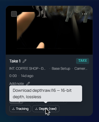 A take card in the Gallery with the chips Tracking and Depth (raw). The pointer is on Depth (raw), and a tooltip reads Download depthraw.l16, 16-bit depth, lossless.