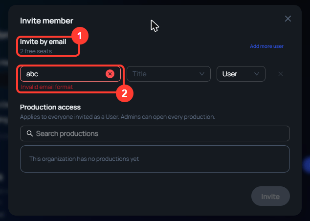 The Invite member window. Under Invite by email it reads 2 free seats. The email box holds abc and shows Invalid email format under it.