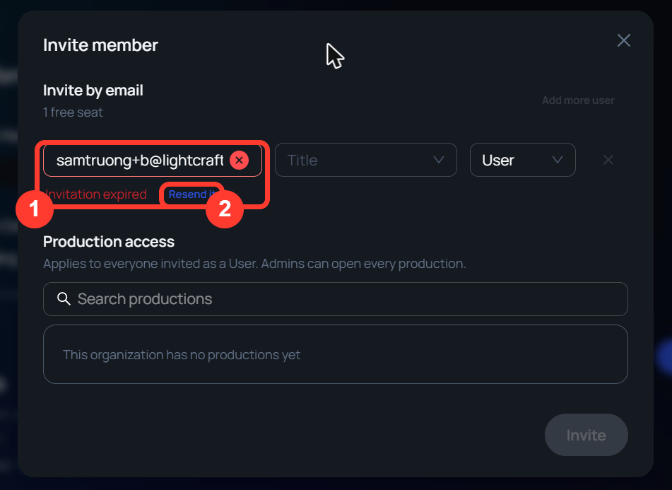 The Invite member window. Under the email box it reads Invitation expired, with a Resend it link beside it.