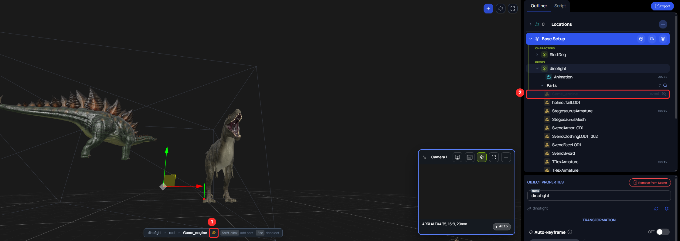 The 3D scene after hiding the knight. The knight is gone from the canvas, the eye beside the path is crossed out, and the Game_engine row under Parts is dim with a crossed-out eye.