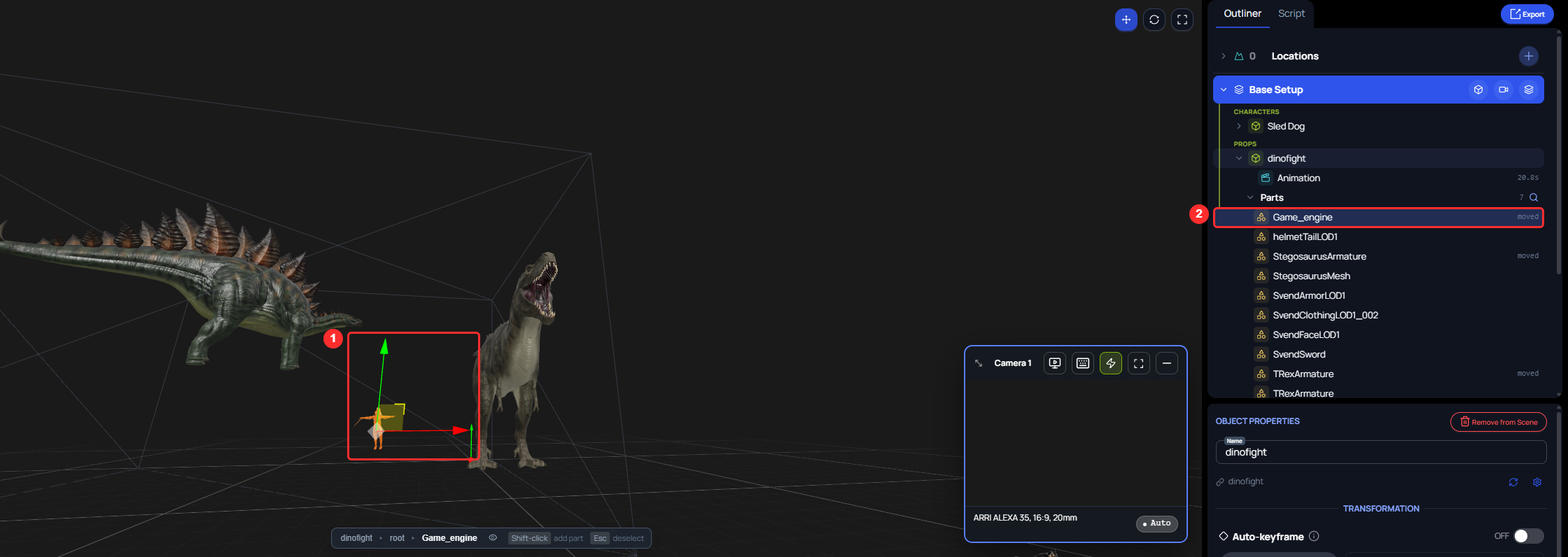 The 3D scene after moving the knight with the gizmo in Move mode. The knight stands to the left of the dinosaur with the transform gizmo on it, and the Game_engine row under Parts is marked moved.