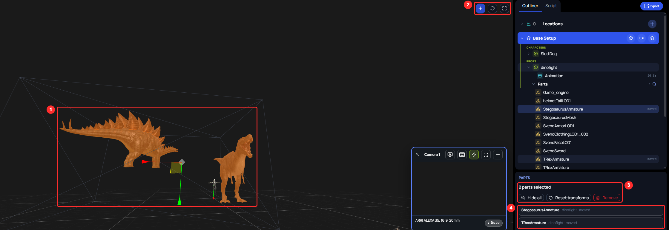 The 3D scene with two dinosaurs of one imported object selected and filled orange, and one gizmo between them. The properties panel reads Parts, 2 parts selected, with the buttons Hide all, Reset transforms, and Remove, and one line for each part.