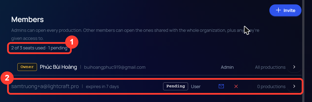 The Members list with one pending invitation. The seat line reads 2 of 3 seats used, 1 pending. The invitation row shows expires in 7 days, the tag Pending, an envelope icon and a red X.