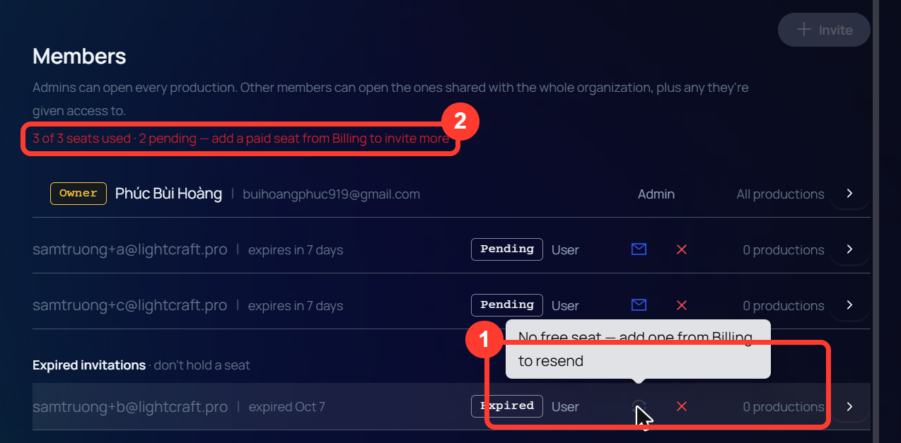 The Members list of a full organization. The resend icon on the expired invitation is greyed out, with the tooltip No free seat, add one from Billing to resend.