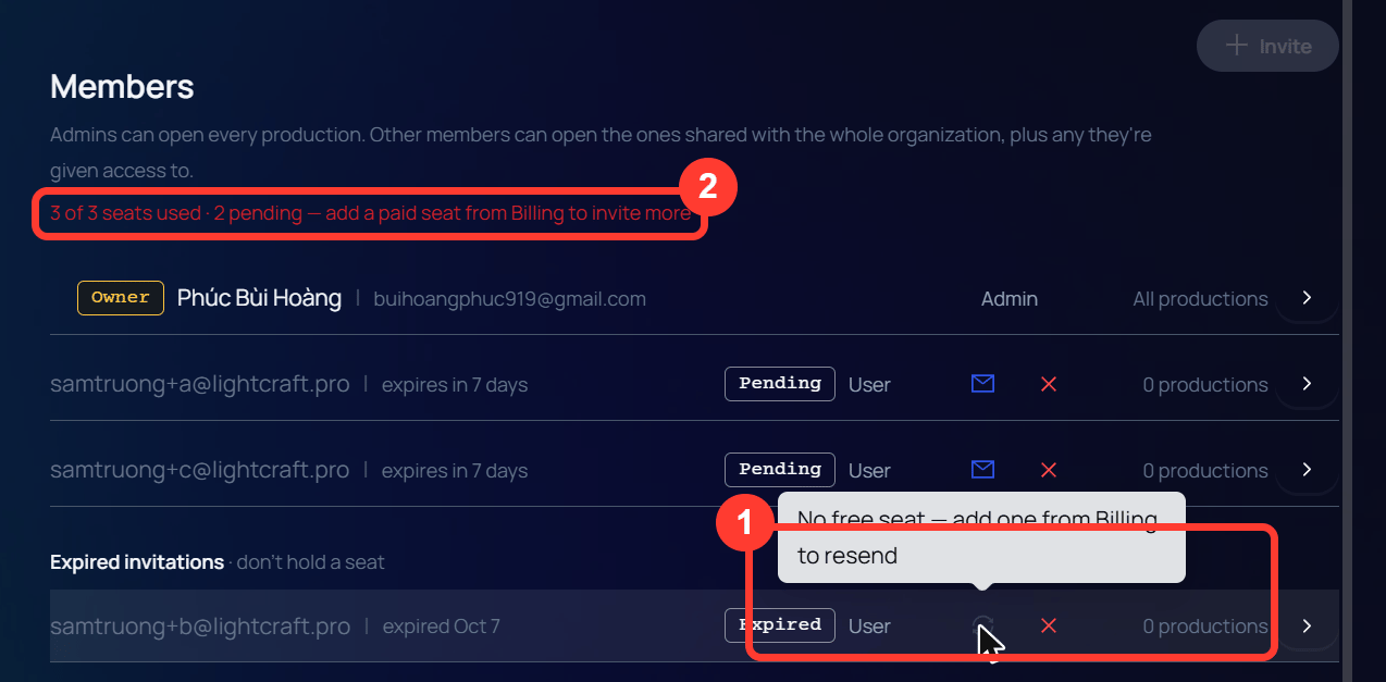 The Members list of a full organization. The resend icon on the expired invitation is greyed out, with the tooltip No free seat, add one from Billing to resend.