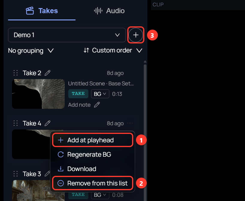 A take row's menu in the Editor with Add at playhead, Regenerate BG, Download, and Remove from this list. A plus button sits beside the picker.