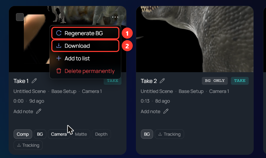 A take card's menu in the Gallery with Regenerate BG, Download, Add to list, and Delete permanently.